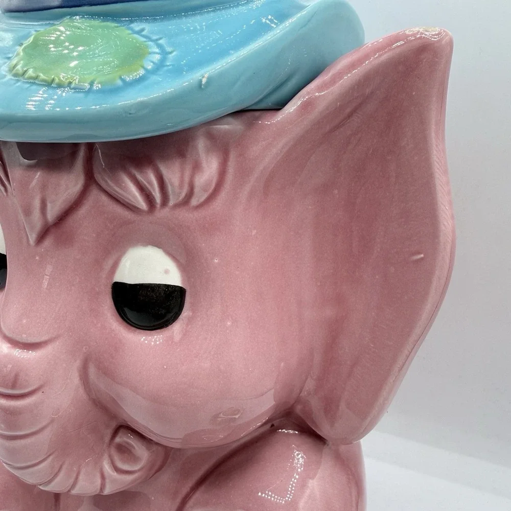 Vintage Pink Elephant Cookie‎ Jar Top Hat Ceramic Kitsch MCM 1950s Rare 12